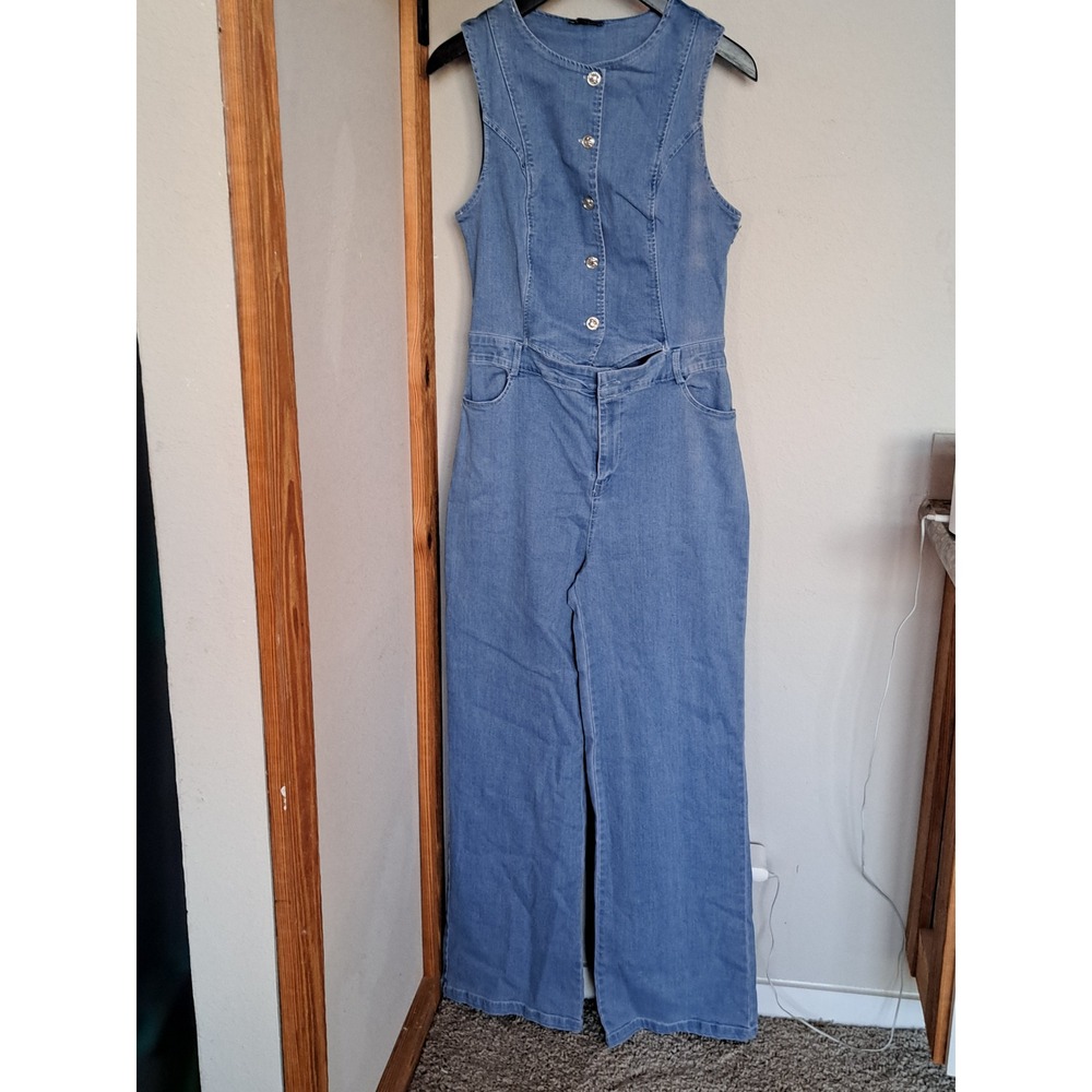 Haute Monde Denim Jumpsuit Medium Wash Blue Wide Leg Sleeveless Large